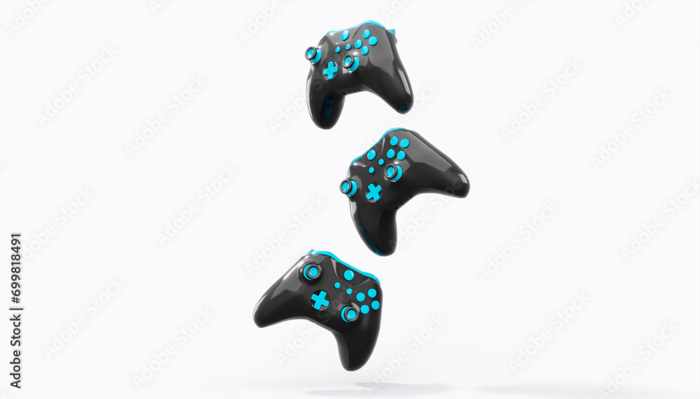 Wall mural realistic black video game joysticks or gamepads with color buttons on white