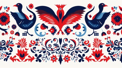 Fototapeta premium a red, white, and blue pattern with birds and flowers on a white background with red, white, and blue accents.