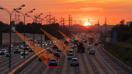 Highway Traffic Camera With Artificial Intelligence, Artificial intelligence is built into the traffic control system in a metropolis, Sunset on a busy highway.