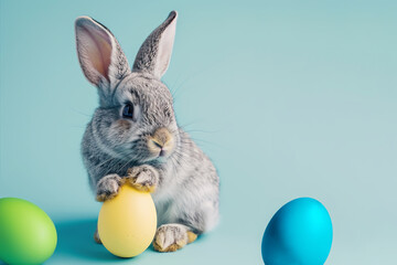 Fototapeta na wymiar Easter bunny, cute rabbit holding yellow painted egg on blue background, generative ai