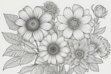 Flowers hand drawn coloring book page illustration