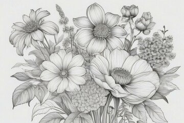 Flowers hand drawn coloring book page illustration