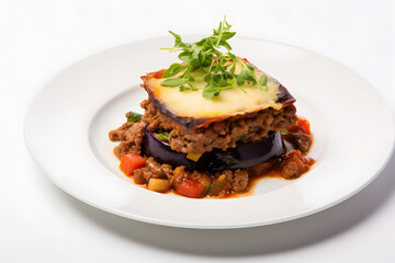 Greek potato, Bringle, and meat casserole with cheese - moussaka on a plate