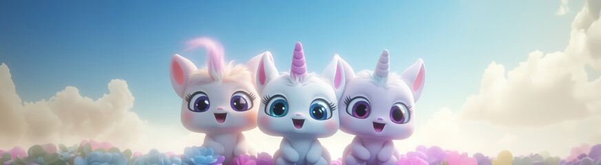 cartoon unicorn characters friends together for children friendship and play time happy joy as wide...