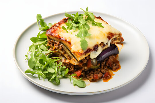 Greek potato, Bringle, and meat casserole with cheese - moussaka on a plate