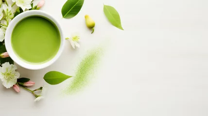 Sierkussen cup of green tea with matcha tea powder on light background © Vahagn