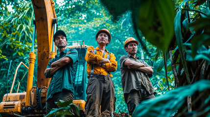 Constructing a road in the jungle, street workers pose confidently with crossed arms, reflecting their success and certainty in overcoming nature's obstacles - obrazy, fototapety, plakaty