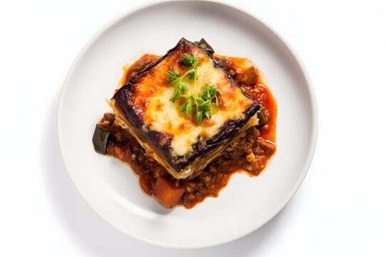 Greek potato, Bringle, and meat casserole with cheese - moussaka on a plate