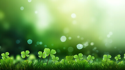 minimalistic Lucky green clover and nature background, with empty copy space, luck, St Patrick day, happy new year  - obrazy, fototapety, plakaty