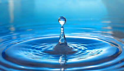 Fototapeta na wymiar Water drop falling on blue water and splashing