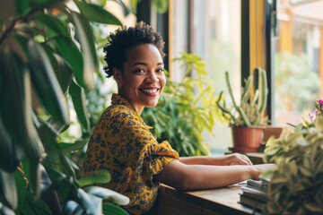 Black woman working at desk and smiling at camera - obrazy, fototapety, plakaty