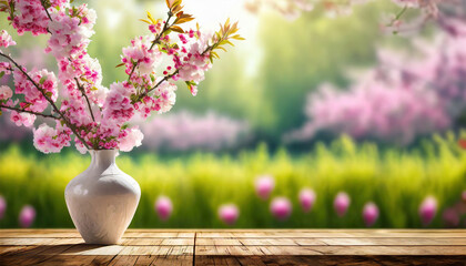 Twigs covered with pink flowers in a vase on a wooden tabletop, with a blooming garden in the...
