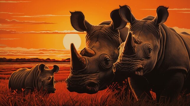  a painting of a rhino and a rhinoceros in a field with the sun setting in the back ground.