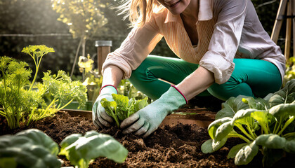 Kobieta uprawiająca warzywa w ogrodzie. Ogrodnictwo, uprawa organicznych warzyw i owców. - obrazy, fototapety, plakaty