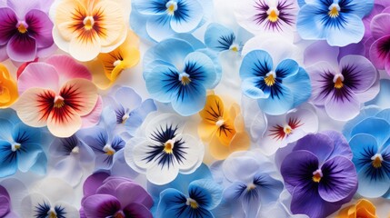  a close up of a bunch of flowers with many colors of purple, blue, yellow, and white flowers.