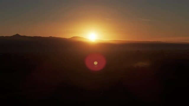 Sunrise or sunset landscape of vineyard agricultural fields in the countryside, grapevine rows and grapes. Aerial wide shot