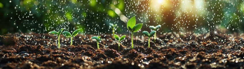 young plants growing on the ground in the rain save lives, banner - obrazy, fototapety, plakaty