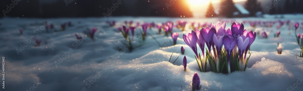 Wall mural Purple crocuses emerging from under snow in early spring closeup with room for text, banner