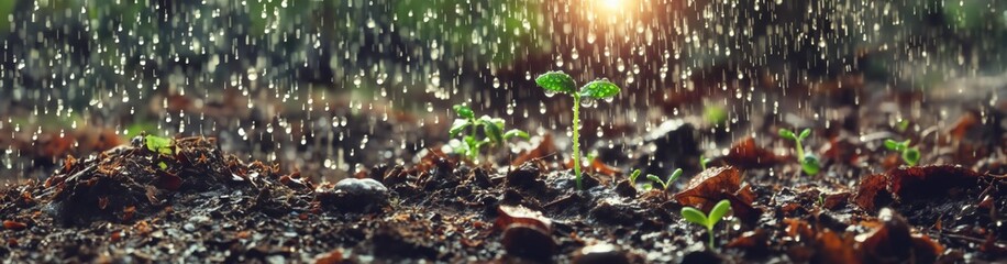 Small fresh plant growing on the ground in the rain with nature bokeh background. Carbon credit concept. Carbon offsets, carbon credits for reforestation, banner - obrazy, fototapety, plakaty