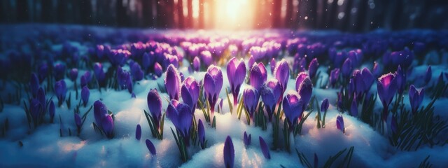 Purple crocuses emerging from under snow in early spring closeup with room for text, banner - obrazy, fototapety, plakaty