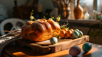 Easter bread with eggs and willow branches on the table.