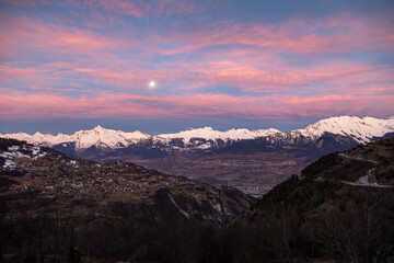Berner Alps at dusk and the Rhone Valley in winter
