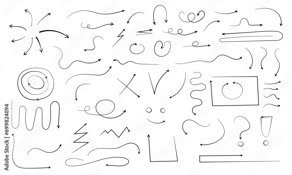 Poster set of hand-drawn different vector black arrows. doodle curved and straight pointer collection isola