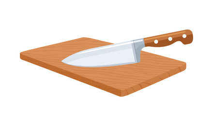 Kitchen knife on wooden cutting board. Vector cartoon illustration. 