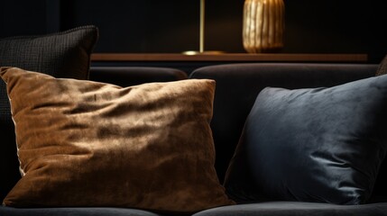  a couple of pillows sitting on top of a couch next to a table with a lamp on top of it. - obrazy, fototapety, plakaty