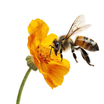 Honey bee flight to an orange flower blossom isolated on a transparent background