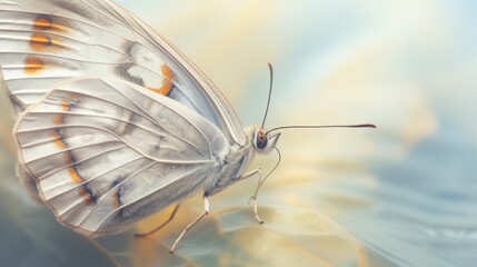  a close up of a white butterfly with orange spots on it's wings sitting on a piece of water.