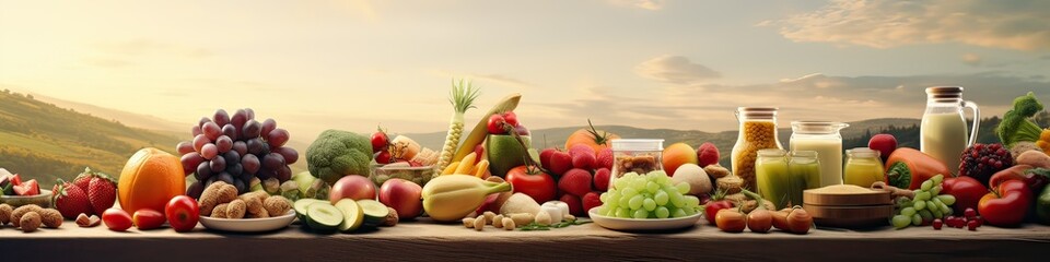 Panorama Shot Of Fruits And Vegetables, Healthy Food Concept. Generative AI