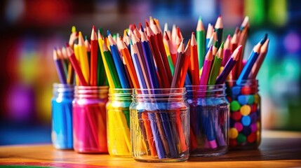 Obraz premium a close up of many colored pencils in a jar on a table with other colored pencils in the jars.