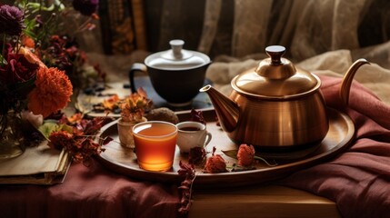 Fototapeta premium a tea pot sitting on top of a wooden tray next to a cup of tea and a vase of flowers.