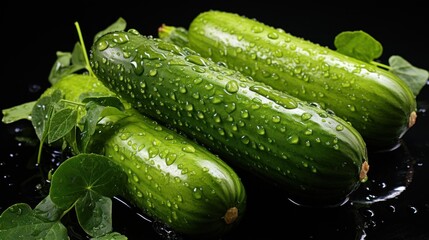  a couple of cucumbers sitting on top of a table covered in raindrops on a black surface.