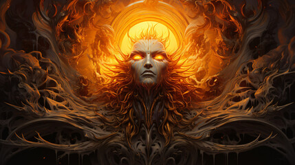 Mystic black orange sun with waves and faces