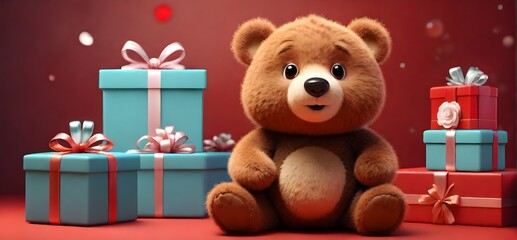 Teddy bear with a gift box on an isolated background with copy space. Ideal for Valentine's, birthdays, New Year's, Christmas events, invitations, banners, and gift cards. Generative AI.