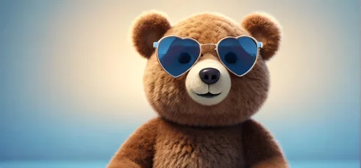 Fotobehang Cute teddy bear wearing blue glasses on an isolated background with copy space. Ideal for Valentine's, birthdays, New Year's, Christmas events, and banners. Generative AI. © Dreamy Pixel