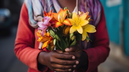 black African woman holding orange flower posy, idea for women's rights concept support and international women's day, feeling of devotion and compassion, background wallpaper,  Generative Ai