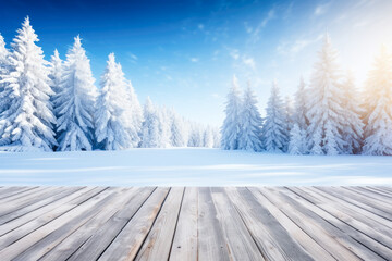 wooden table against the backdrop of a snowy forest