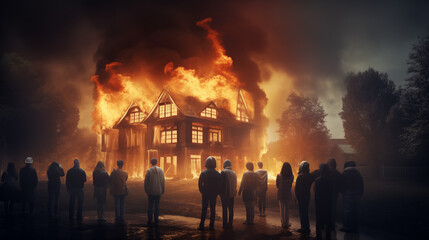 Illustration Depicting a House Engulfed in Flames and a Helpless Group of People Observing, All Resulting from the Consequences of Global Warming