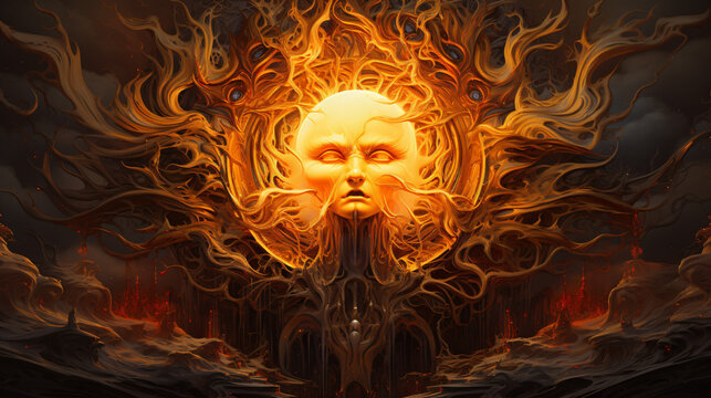 Mystic black orange sun with waves and faces