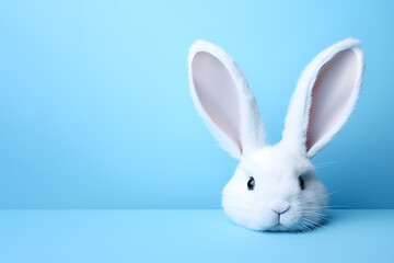 Front view of cute baby rabbit on blue background