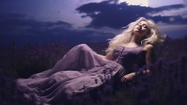 Young dreamy woman sleeping in tranquil lavender flower field in summer night under moon light