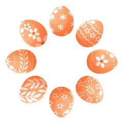 Round ornament, wreath of painted Easter eggs. Round frame with empty space for text. Composition on white background for greeting cards, posters, banners, invitations and social media posts