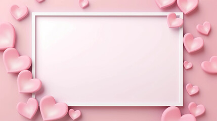 copy space, simple illustration, Valentine's Day composition. Photo frame and hearts on pastel pink background. Beautiful background or for valentine’s day. Beautiful background design for a valentine - obrazy, fototapety, plakaty