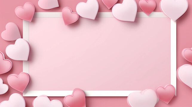 copy space, simple illustration, Valentine's Day composition. Photo frame and hearts on pastel pink background. Beautiful background or for valentine’s day. Beautiful background design for a valentine