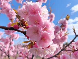 Flowering almond trees in daylight and blue sky