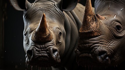 Fototapeta na wymiar a couple of rhinos standing next to each other on a black background with water dripping from their tusks.