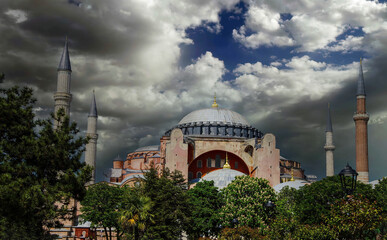 Fototapeta na wymiar Dome and minarets of Hagia Sophia